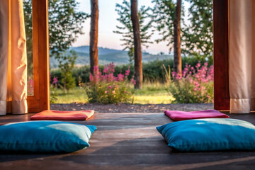 An empty outdoor yoga space, mats on the wooden floor. A place for yoga classes, group meditation practices, retreats against the backdrop of a natural garden.