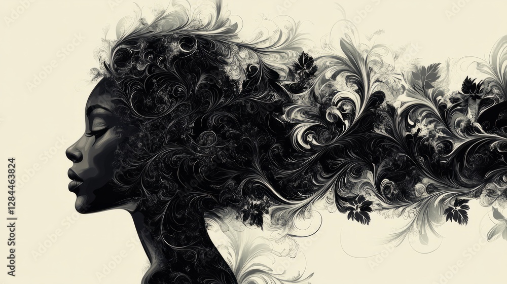 Poster an intricate design of a woman profile seamlessly transitioning into a cascade of floral elements