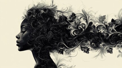 Fototapeta premium An intricate design of a woman profile seamlessly transitioning into a cascade of floral elements 