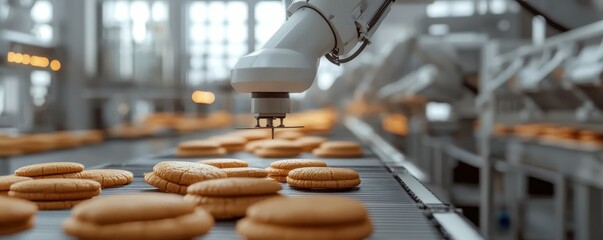 Robotic arm arranging cookies on conveyor belt in modern baking facility