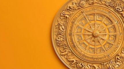 Naklejka premium Ornate Gold Zodiac Wheel on Mustard Yellow Background AI Generated
