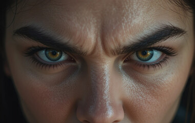 Fototapeta premium Close up of a woman face with fierce look, close up of woman's face with angry expression, woman's face with expression of anger