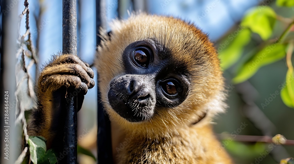 Poster Curious Monkey Looking Through Bars with Intense Expression Captured in Closeup Photography : Generative AI