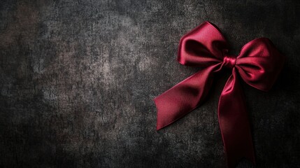 A beautiful red satin bow elegantly placed against a dark textured backdrop, perfect for gift wrapping.