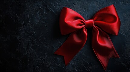 A vibrant red satin bow elegantly displayed on a textured black background.