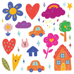 Funky childish doodles and icons drawn with crayon.Hand drawn cute vector illustrations. Flower, heart, cloud, car, animals, house