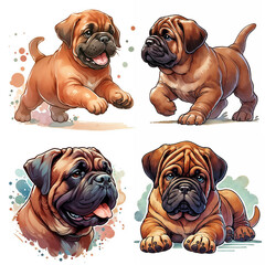 Obraz premium Cute and playful illustrations of adorable puppy bullmastiff in various poses and expressions