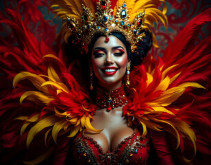 Fototapeta premium Brazilian Festival Beauty in a Luxurious Red, Gold, and Yellow Attire.