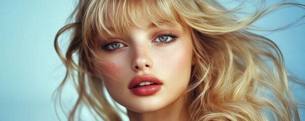 Fototapeta premium Blonde woman with windswept hair and blue eyes in soft lighting close-up portrait