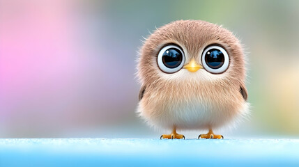 Cute fluffy owl chick on blue surface, pastel background; children's book illustration