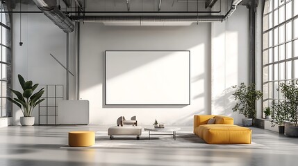 Sunlit Industrial Loft Apartment with Modern Sofa and Blank Canvas Mockup AI Generated
