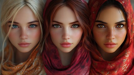 Fototapeta premium Three Women in Vibrant Orange, Pink, and Red Scarves Against a Neutral Background