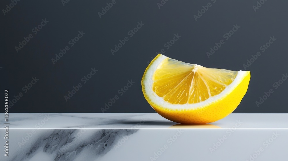 Poster a vibrant lemon slice is placed on a smooth marble surface, creating a striking visual contrast with