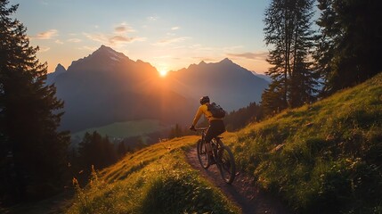 Cyclist on Alpine Trail at Sunrise
