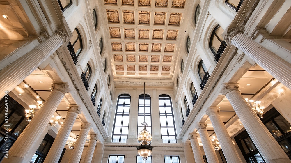 Poster elegant architectural interior view capturing luxurious design with ornate ceiling and tall windows 