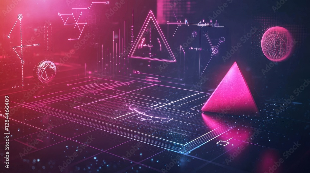 Poster this digital composition features glowing pink geometric shapes along with various data visualizatio