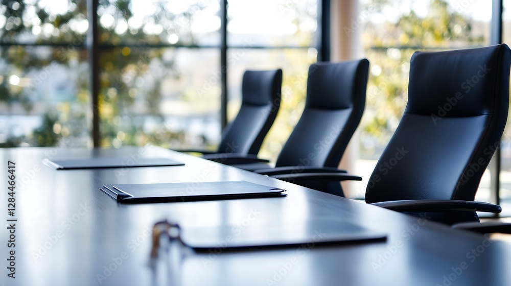 Aufkleber modern conference room setup with stylish black chairs and a large table surrounded by windows : gen
