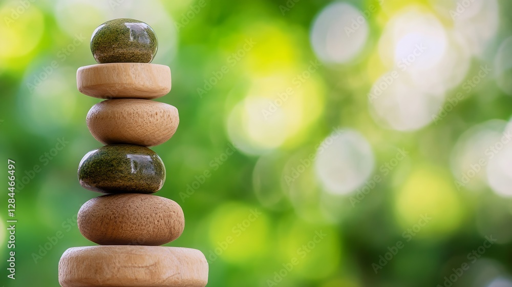 Poster Stones neatly stacked in a peaceful garden setting emphasizing balance and tranquility : Generative AI