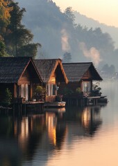 Fototapeta premium Waterfront Bungalows with Morning Lake Reflection