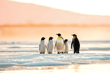 Obraz premium A group of majestic king penguins standing on the ice in Antarctica, basking in the sunlight against a stunning icy backdrop