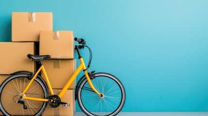 Cardboard boxes and bicycle against teal wall, easy moving, background use