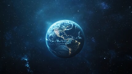 A stunning view of Earth from space, highlighting shimmering city lights across North and South America against a starry backdrop.