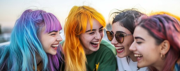 Group of four young women with colorful hair laughing outdoors