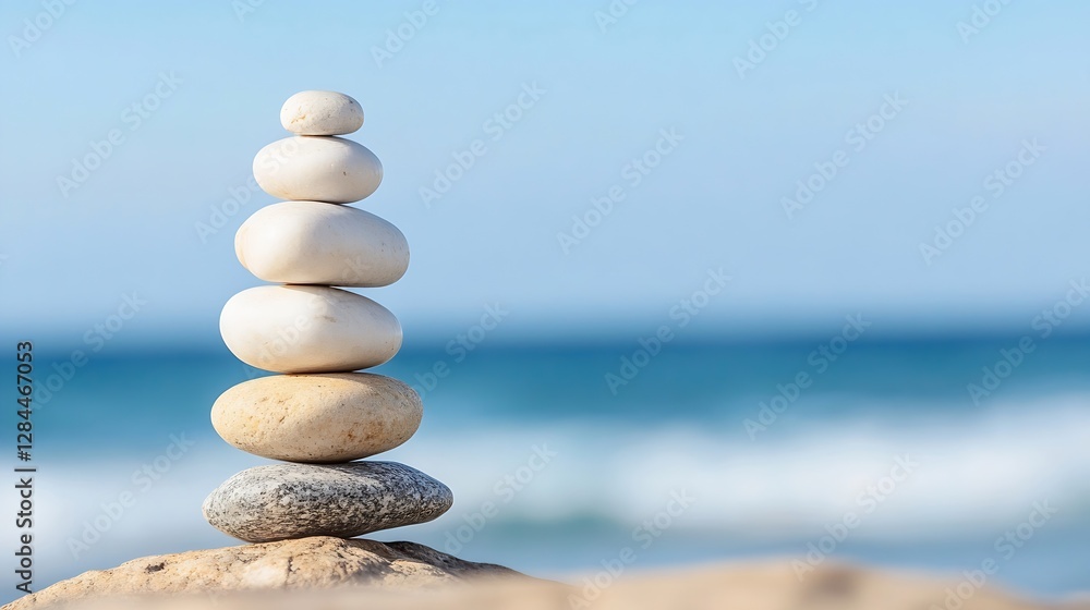 Poster Balanced Stones Stacked Neatly on Sandy Beach Symbolizing Calmness and Stability : Generative AI