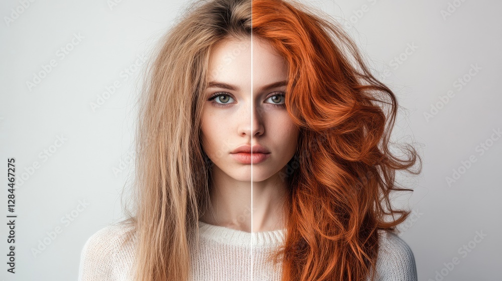 Poster Transformation of hairstyle showcasing unkempt versus stylish looks in a split image. Generative AI