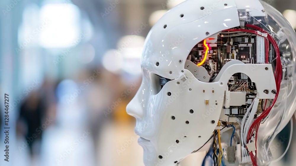Poster Advanced robotic head showcasing intricate circuits and wiring in a modern technological setting : Generative AI