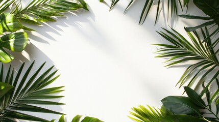 Fototapeta premium Lush green tropical leaves frame a bright, blank canvas, creating a refreshing and vibrant atmosphere.