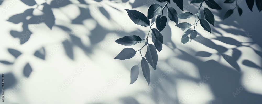 Poster sunlight casting leaf shadows on white wall background creating nature-inspired artistic pattern