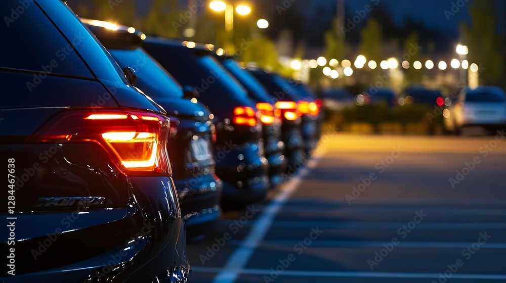 Aufkleber nighttime urban scene of cars parked with illuminated taillights creating a bokeh effect in the back