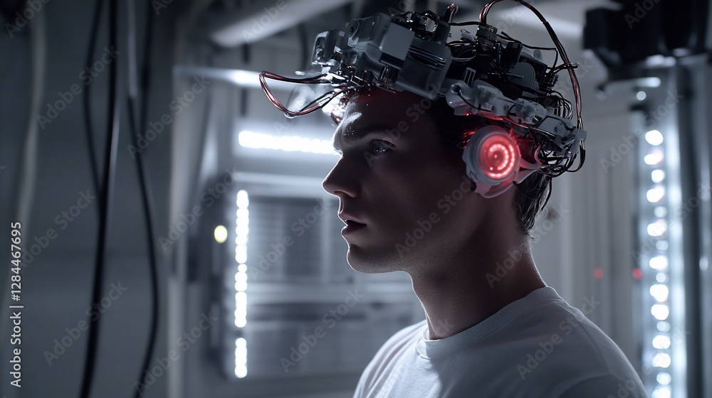 Poster mind control: a futuristic sci-fi image of a young man in a brain-computer interface