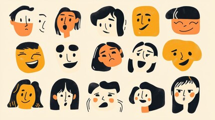 A vibrant illustration featuring diverse expressions of men and women, showcasing a range of emotions in bold colors.