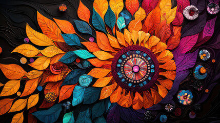 Vibrant floral design with colorful leaves and intricate patterns