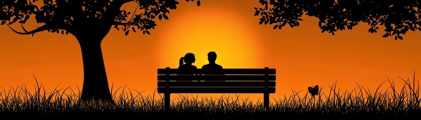 Couple sitting on park bench at sunset.  Silhouette.  Possible use romantic, nature, tranquil