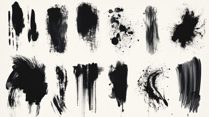 An array of bold black brush strokes on a light background, showcasing artistic textures and dynamic shapes.