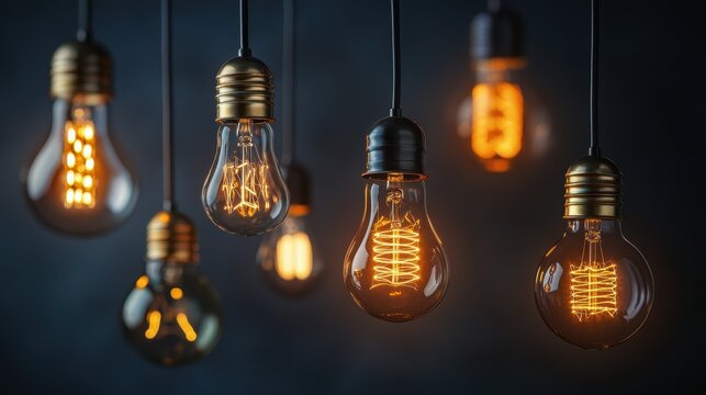 Stylish collection of vintage Edison light bulbs hanging against a dark background, creating a warm and inviting atmosphere.