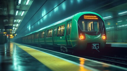 Green train waiting at a dimly lit underground station during a foggy evening commute in the city