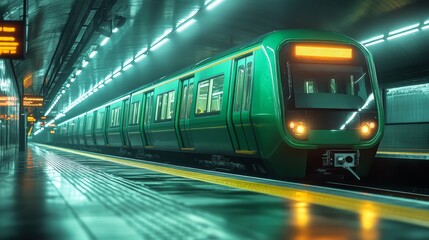 Green subway train arrives at urban station at night illuminating the platform with warm light. 