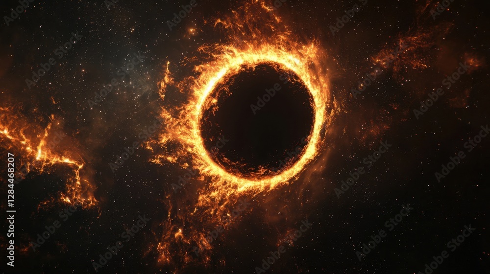 Poster a dark circular void is encircled by bright, fiery flames in a stunning cosmic setting. this image c