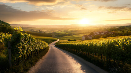 Naklejka premium Scenic Winding Road Through Vineyards at Sunset in Burgundy France