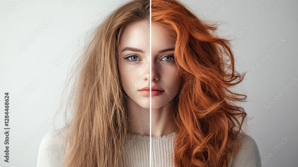 Aufkleber transformation of hairstyle from dull and unkempt to stylish and professional in a creative studio. 