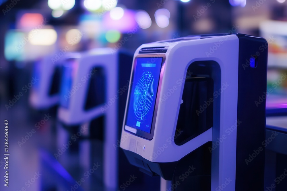 Poster a close-up of a futuristic payment device using biometrics and ai to process transactions instantly 