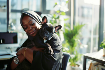 Happy black woman hugging her office dog. Bring your pet to work day. Smiling african muslim female wearing a hijab with a french bulldog