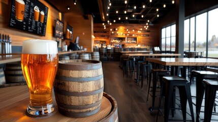 Craft beer flows fresh in an artisan taproom. Cozy bar interior with a glass of beer and wooden barrel on the table.