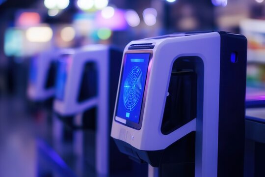 A close-up of a futuristic payment device using biometrics and AI to process transactions instantly in a retail environment. - Powered by Adobe