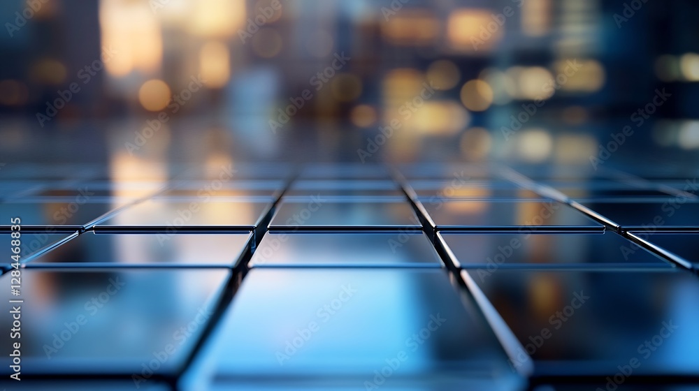 Aufkleber stunning closeup view of a reflective grid surface against a blurred city background at sunset : gen