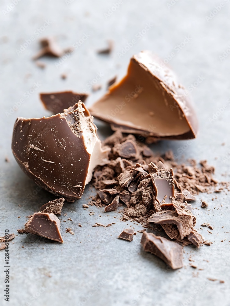 Aufkleber Close up of broken chocolate egg surrounded by chunks on a textured gray surface : Generative AI